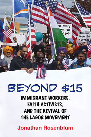 book cover; multiethnic labor rally with many US.American flags, a few others, and a few labor signs