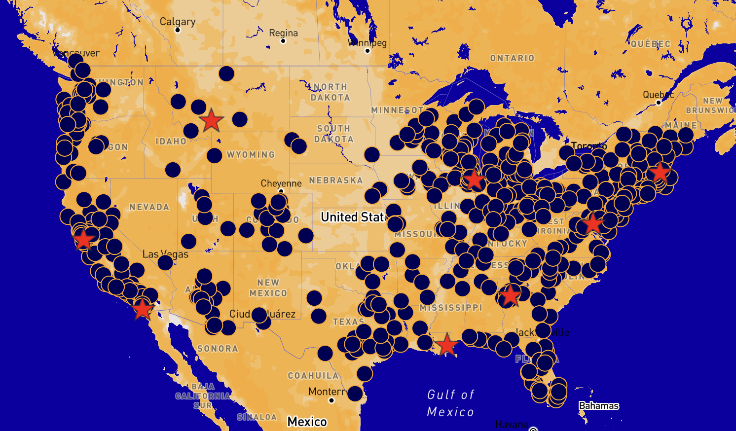 map of U.S.A. with #NoKings actions shown; heaviest on coasts, Great Lakes region, Arizona, Colorado, Gulf Coast; 7 actions marked with red stars