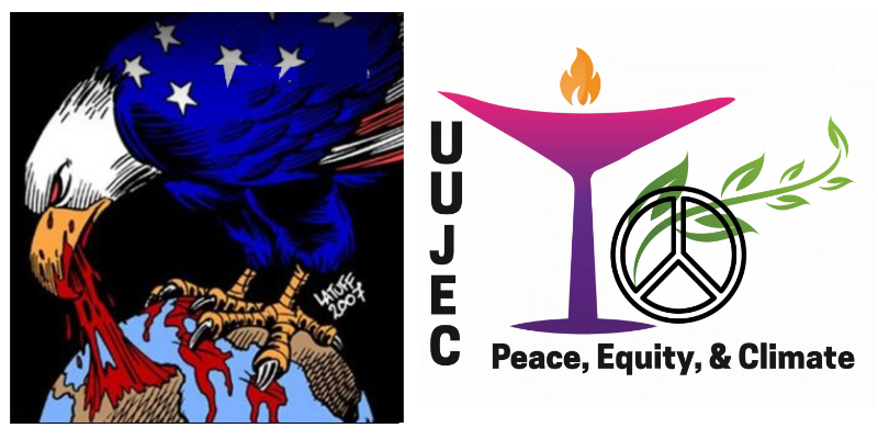 Eagle with feathers colored with stars ah nd stripes perches on a globe, drawing blood with talons that are grabbing into the Atlantic Ocean, and with blood drawn by beak from South American continent