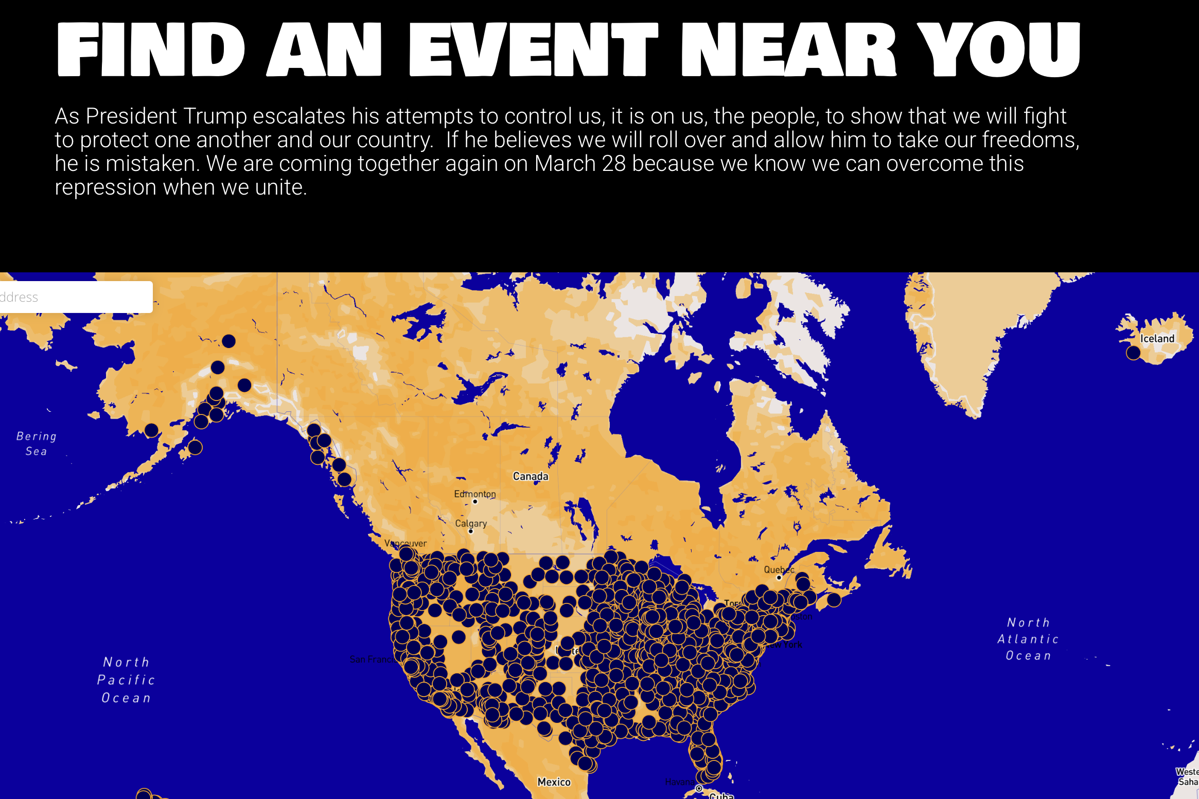Find an event near you at https://nokings.org. As President Trump escalates his attempts to control us, it is on us, the people, to show that we will fight to protect one another and our country. If he believes we will roll over and allow him to take our freedoms, he is mistaken. We are coming together again on March 28 because we know we can overcome this repression when we unite. Image is of a map of the country virtually covered with dots representing #NoKings events.